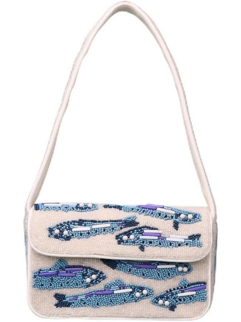 Beaded Fish Design Shoulder Bag for Women - Blue & White Purse with Box
